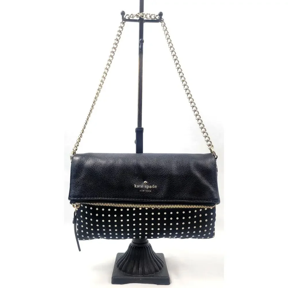 Kate Spade Polka Dot Foldover Crossbody Chain Bag Black White